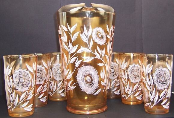 Jeannette Glass Company Other - Vintage Jeannette Marigold Carnival Glass Cosmos Pitcher 6 Tumbler Set 1950s